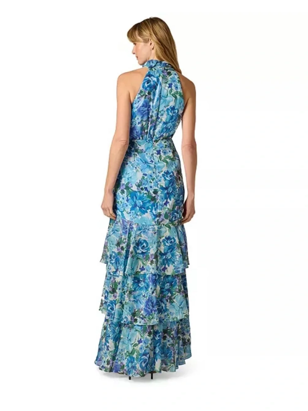 Adrianna Papell Blue & Aqua Floral Halter Tiered Maxi Dress